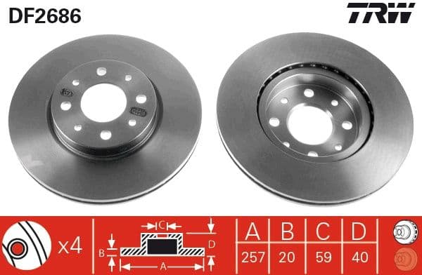 On Fren Diski Aynasi Fiat Doblo 01> Albea Ym Punto 01> Brava-Bravo 06> 1.3MTJ (257.4X20X 4 Delik Havali) [257MM] [Tekli Kutu] — Takım (2 Adet) — Resim