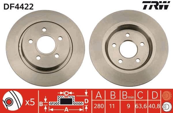ARKA FREN DISKI AYNA FOCUS II04>11 C-MAX 07>09 VOLVO V50 04>12 C30 06>12 C70 II 05>13 S40 II 04>12 17 JANT - 16 JANT DÜZ 280mm 5 BİJON — Resim