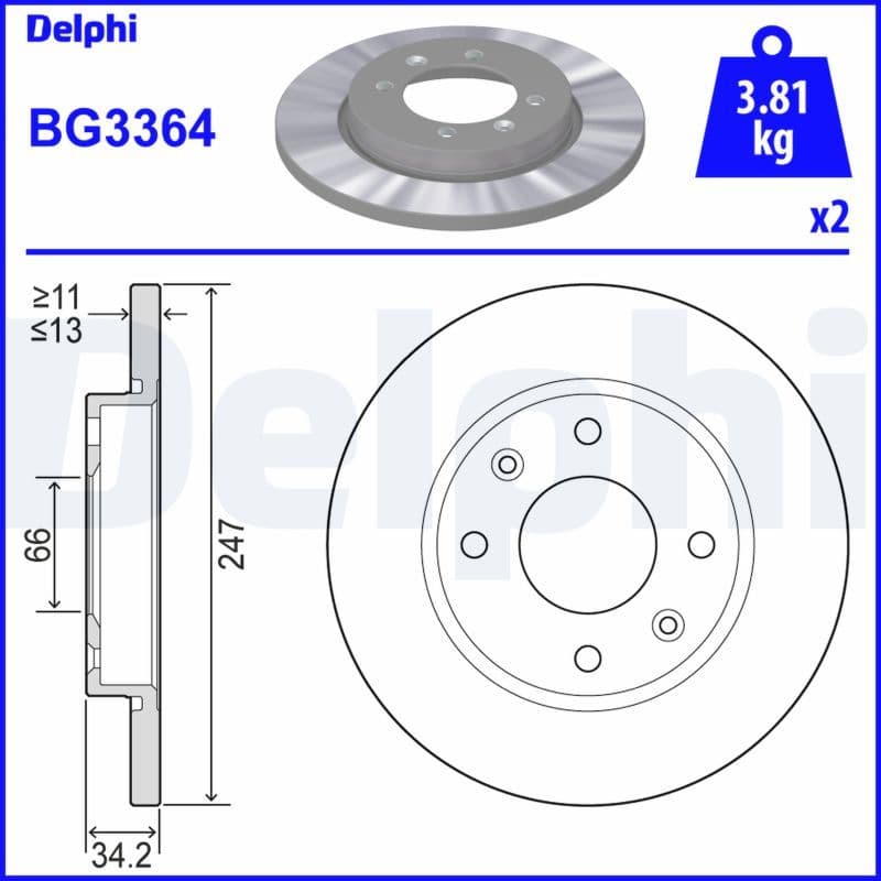 ÖN FREN AYNASI PEUGEOT P206 98>12 P306 93>01 CITROEN XSARA 97>05 (ABS'SİZ 247x13x4DL DOLU) SOĞUTMASIZ — Takım (2 Adet) — Resim